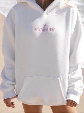 White Hoodie with Pink 'Pink Palm Puff' Embroidery
